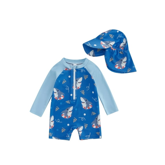 Licupiee Toddler Baby Long Sleeve One Piece Swimsuit Kid Summer Shark Print Zipper Bathing Suit Beach Rash Guard Swimwear