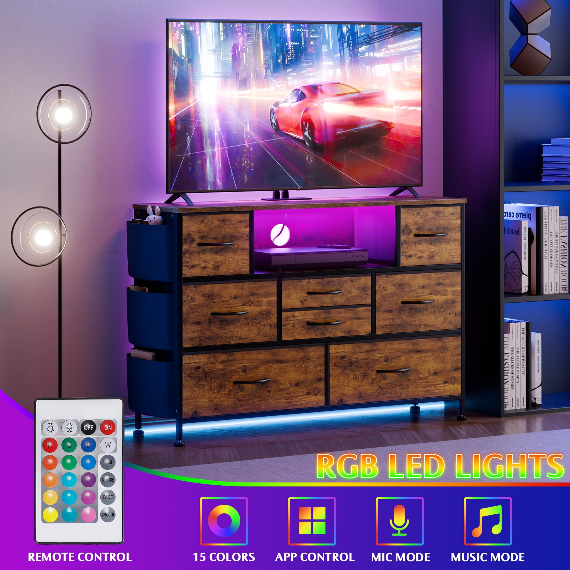 GIKPAL Dressers for Bedroom, 8 Drawer Dresser with LED Lights, Chest of Drawers with Side Pockets & Power Outlet Ports, Storage Drawers Nightstand, Bedroom Furniture Brown