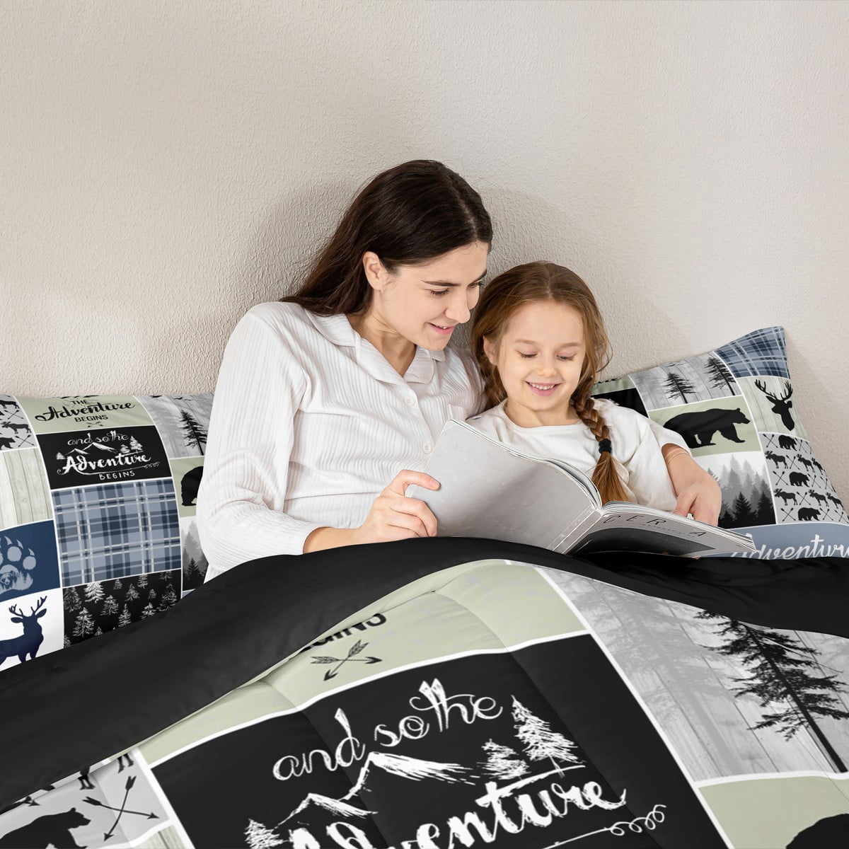 Rustic Deer Bear Comforter Set, Country Farmhouse Bedding Cabin Lodge Decor, Adventure Camping Grid Claw Bedding Comforter Sets Woodland Wild Animal Vintage Duvet Insert Teens Adult, Full