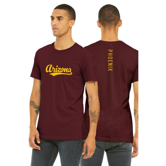 Daxton Adult Unisex Tshirt Arizona Script with Phoenix Vertical on the Back, Burgundy Gold, 3XL