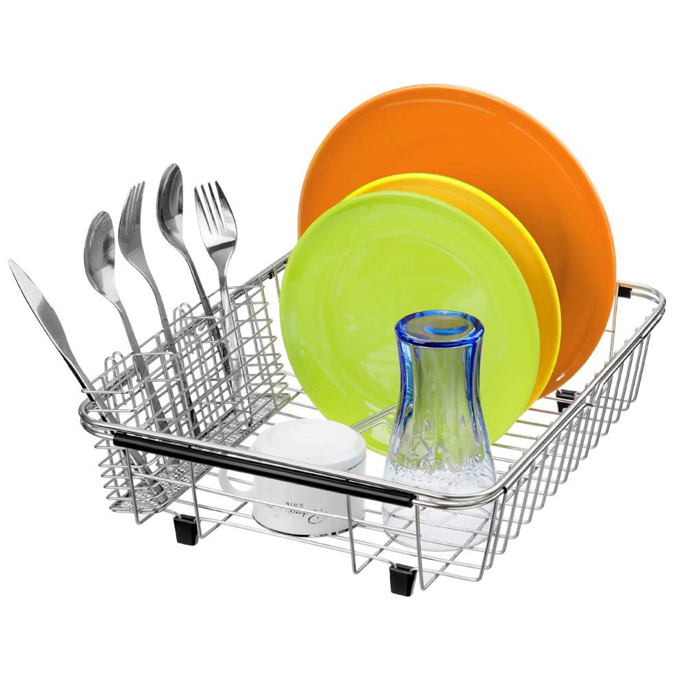 SANNO Expandable Dish Drying Rack Over Sink Dish Rack Shelf in Sink or On Countertop with Stainless Steel Utensil Holder Rustproof Stainless Steel C33