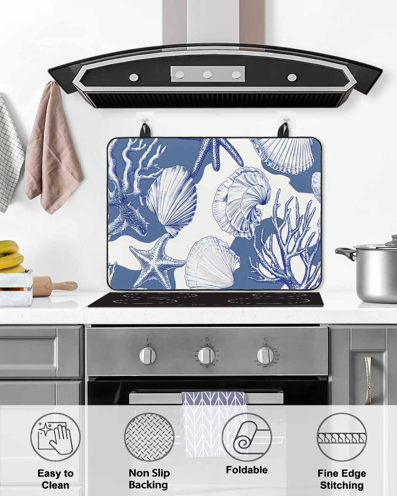 nqOlkjepod Large Induction Cooktop Protector Mat 36"x21", Coastal Blue Coral Stove Top Covers for Electric Stove, Summer Ocean Watercolor Shell Stove Burner Cover Mats, Glass Top Stove Cover