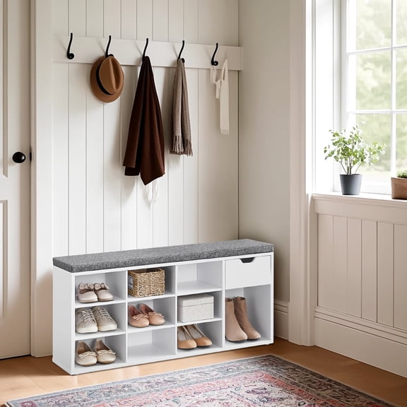 LEDREM 15-Compartment Shoe Storage Bench with Removable Cushion, for Entryway & Bedroom, Easy Assembly, 300 lb Weight Capacity, White and Gray