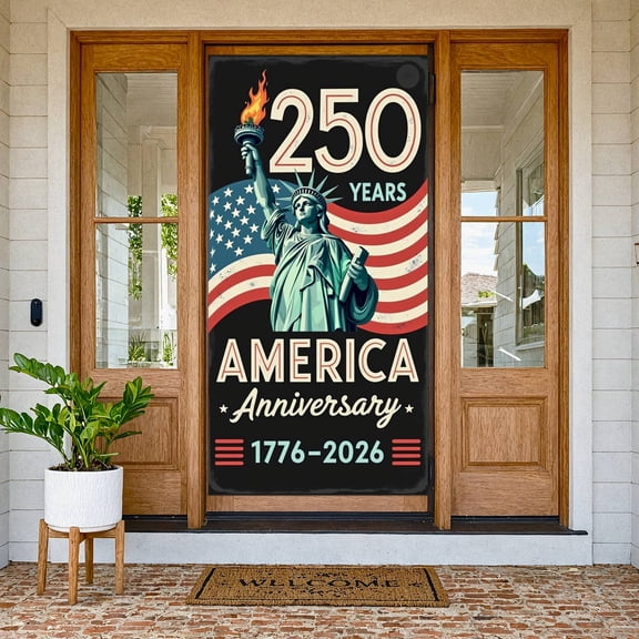 Retro America 250th Anniversary Banner Liberty Statue Design Patriotic Backdrop Red Blue White Color Scheme Vintage Aesthetic National Anniversary Background for Patriotic Events USA National