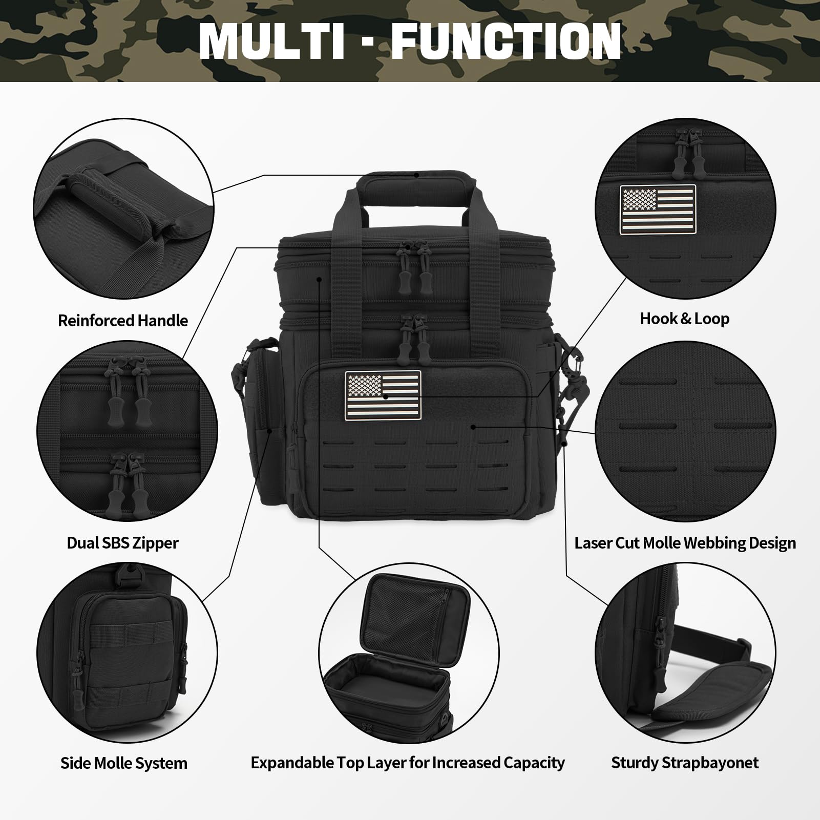 Haadid Tactical Lunch Box for Men Expandable 18L Heavy Duty Military Insulated Cooler Bag, Leakproof Thermal Lunch Bag for Work Camping Outdoor Picnic Pail Adult Meal MOLLE Webbing Black