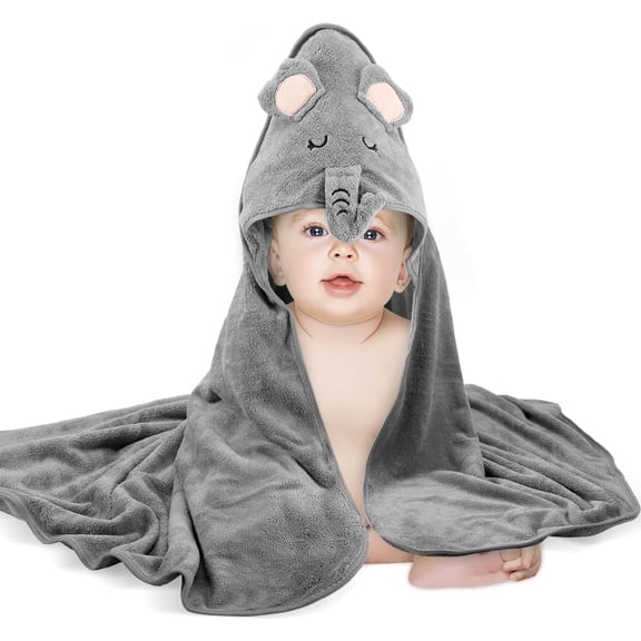 Baby Bath Towel,Ultra Soft Hooded Baby Towel,Toddler Bath Towels with Animal Design,Absorbent Baby Hooded Towel Shower Gifts for Baby Boys Girls,31.5x31.5 inch(Gray Elephant)