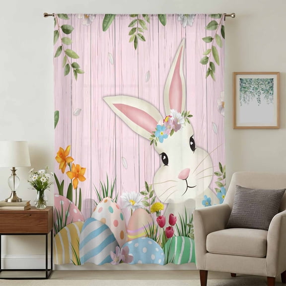 Easter Bunny Sheer Curtains 54 Inches Long, Spring Watercolor Eggs Flower Wood Grain Pink Light Filering Curtains, Breathable Simi Curtain Privacy Drapes for Kitchen Bathroom Nursery Window Treatment