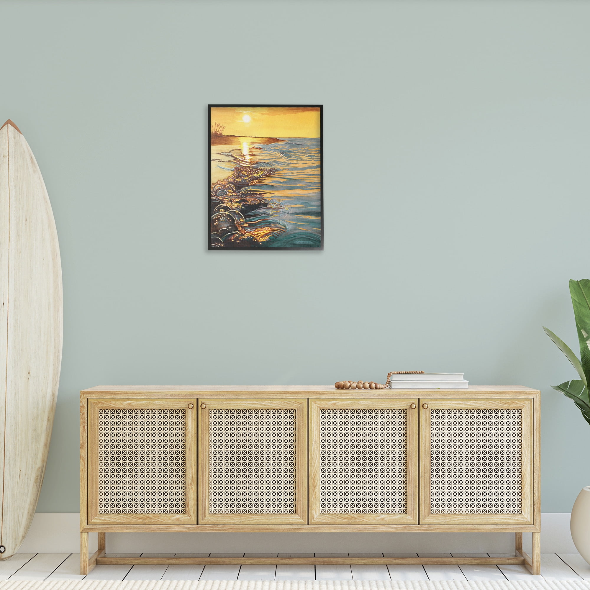 Stupell Industries Sunset over Beach Ripples Landscape Painting Black Framed Art Print Wall Art, 24 x 30