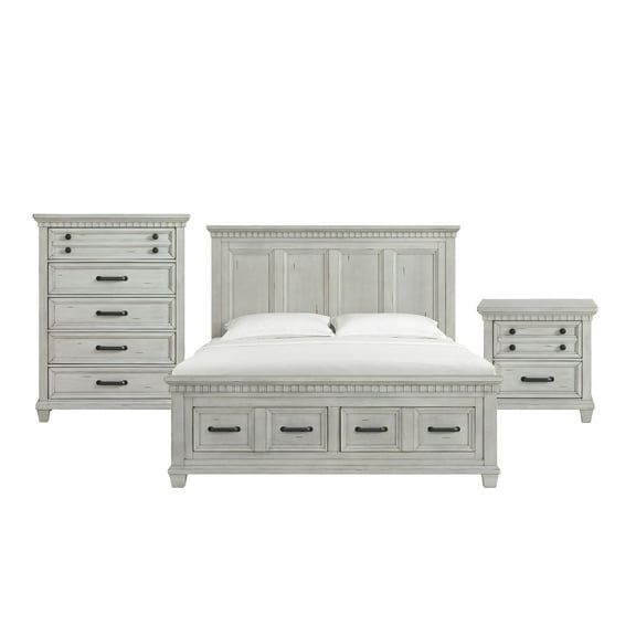 Picket House Furnishings Windom King Storage 3PC Bedroom Set in Antique White