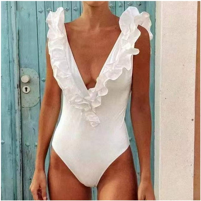 Plus Swimsuit Women Plus Size Women With Chest Pad Without Underwire Digital Solid Ruffled Bikini Swimsuit Women In Swimsuits on Clearance