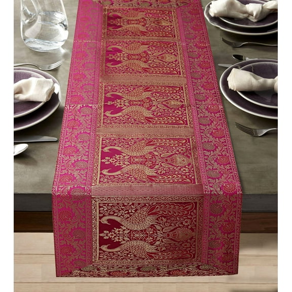 DK Homewares Indian Ethnic Centerpiece Wedding Coffee Table Decoration Brocade Magenta Gold 150 X 40 Cm Jacquard Peacock 5 Foot Table Runner ( 60X16 Inches )