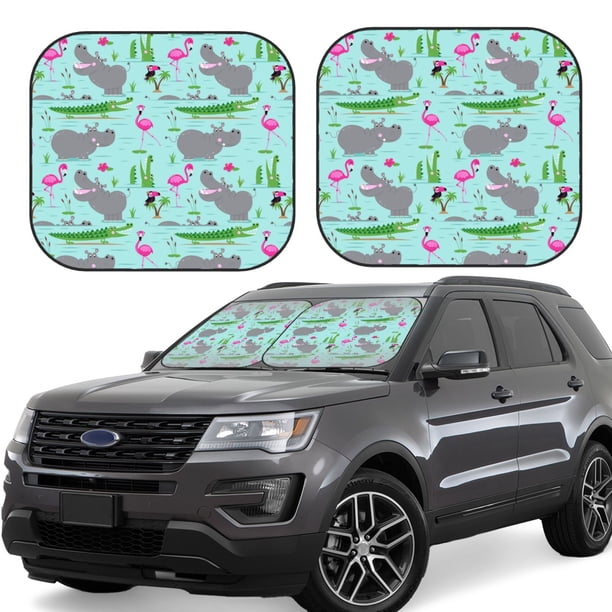 Balery Hippo With Flamingos And Crocodiles Parasol para parabrisas de coche de 2 piezas | Parasol plegable para parabrisas delantero de coche para la mayoría de sedanes-Medium