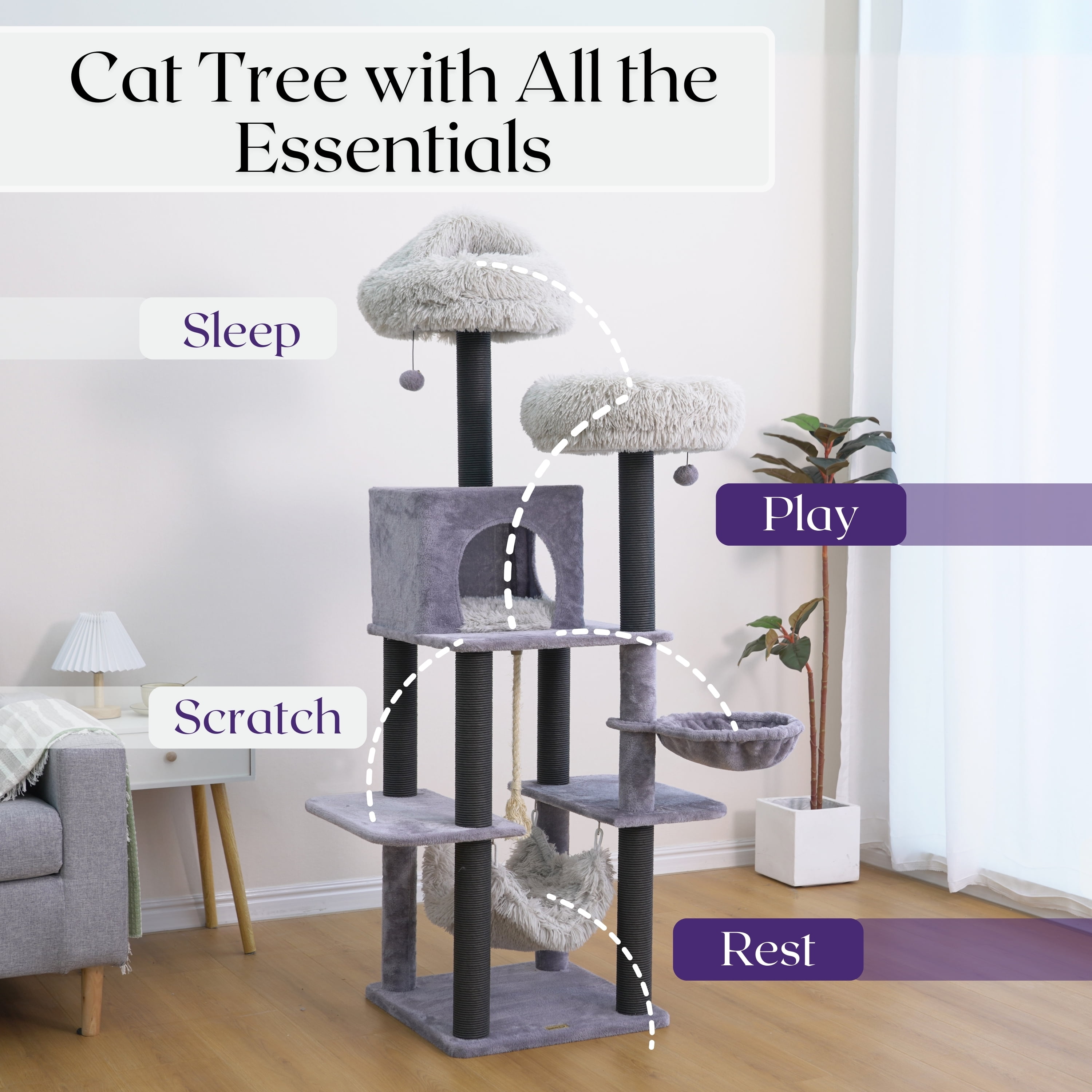 "Catry 63"" 7-Level Gray Cat Tree Tower for Large Cats with Hammock, Scratching Post, Plush Perches, LED Ball"