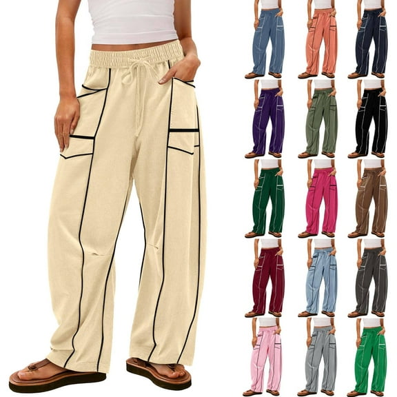 Cyglowse Barrel Sweatpants Women Summer Casual Wide Leg Pants Baggy Drawstring High Waist Boho Ladies Lounge Trousers With Pockets Beige XL