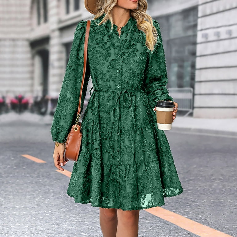 JGGSPWM Womens Long Sleeve Fall Dresses Fashion Button Up Empire Waist with  Belt A-Line Mini Dress Casual Fall Winter Dress Green S - Walmart.com