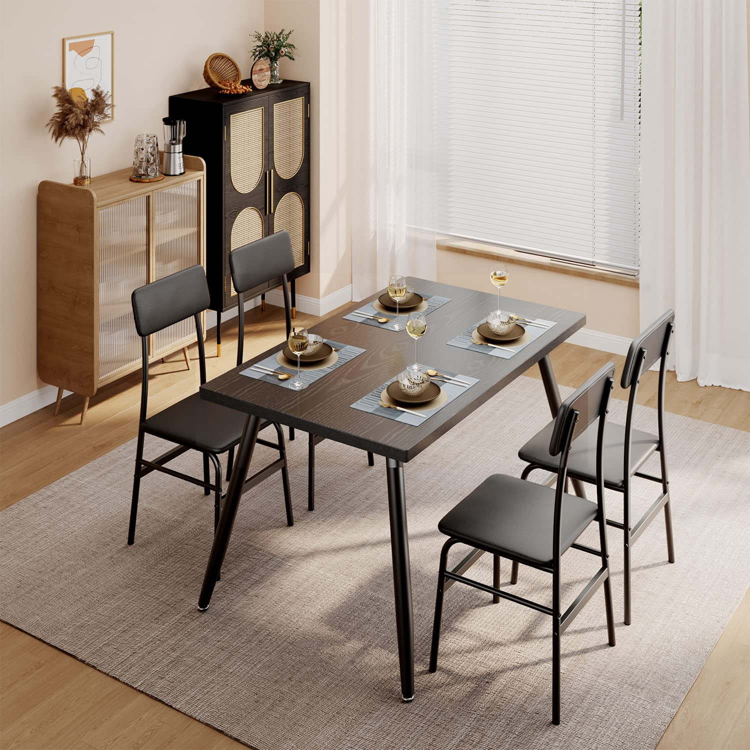 5-Piece Dining Table Set for 4, Modern Kitchen Table with 4 Chairs, Space-Saving Metal Frame & Wood Top Dining Set for Small Spaces, Apartment, Breakfast Nook -  Black