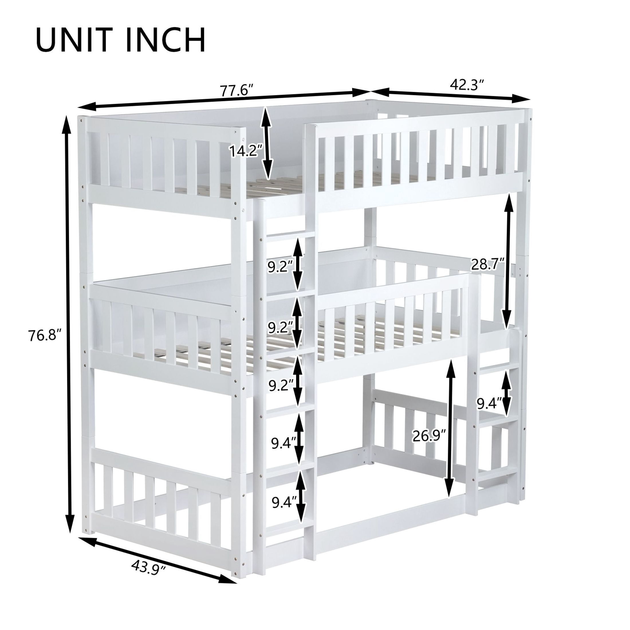 Noble House Lydia Triple Rubber Wood Bunk Bed, Convertible Twin over Twin over Twin with Guardrails and Ladders, White