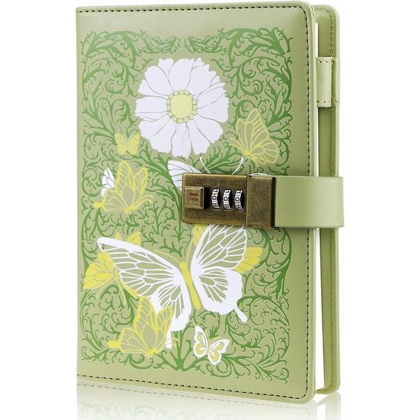 Combination Lock Journal, Vintage Elegant Leather Hard Cover Floral Embossed Notebook Diary, 256 Pages Lined Golden Gilded Password Locking Personal P