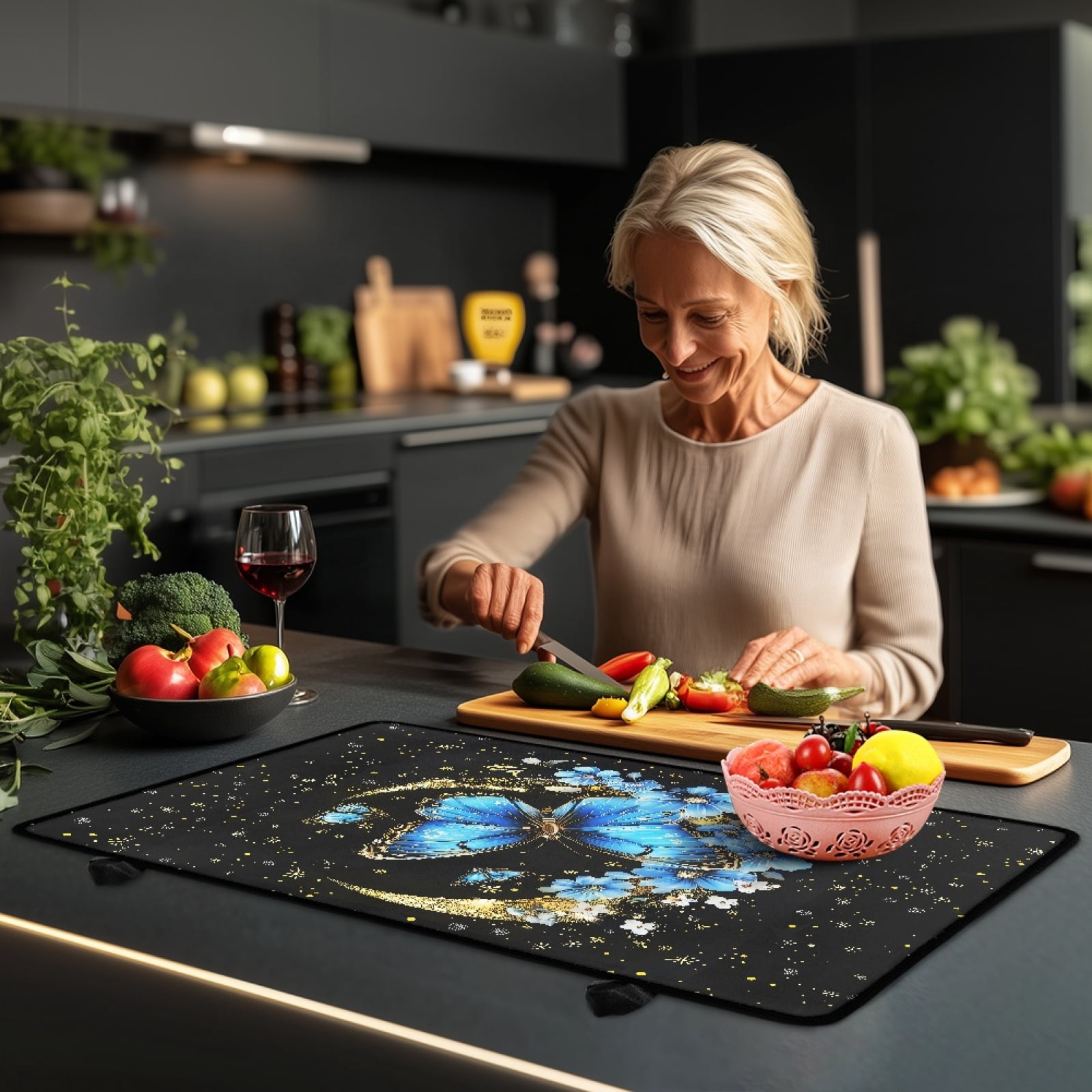 Renewold Stove Top Cover Ceramic Glass Stove Cover Mat Range Cover Versatile Oil Resistant Scratch Resistant Oven Mat Protector Expands Usable Space, Blue Butterfly Moon