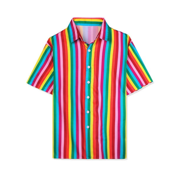 Lars Amadeus Camisa de verano con estampado de rayas arcoiris para hombre camisas de manga corta con botones arcoiris S Lars Amadeus Camisas Walmart en linea