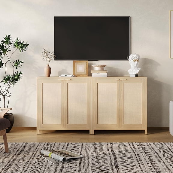 NEILA Freestanding Rattan Storage Cabinet with Doors & Adjustable Shelves, Accent Floor Storage Cabinet, Modern Sideboard Buffet Cabinet for Living Room, Dining Room, Kitchen, Natural