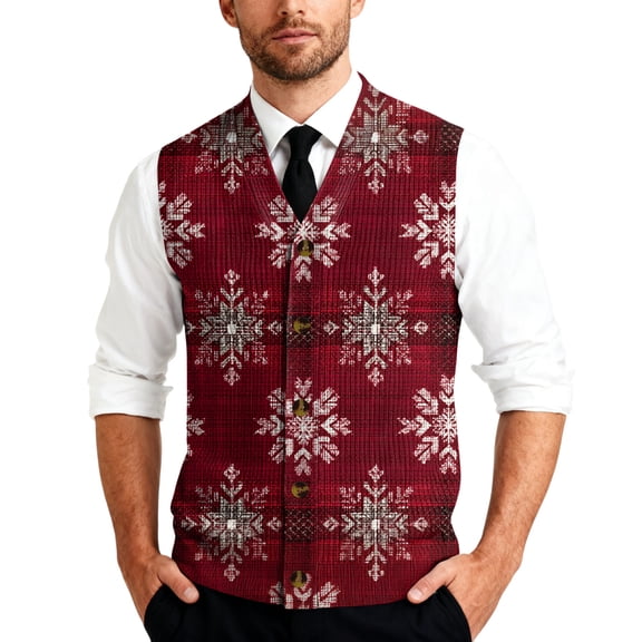Resicozy Mens Christmas Sweater Vest Funny Xmas Print Holiday Vests V Neck Casual Cardigan Vest Deep Red 2XL