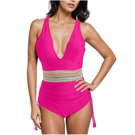Ayolanni Bikinis for Women Plus Size Bodysuit V-Neck Pink Modest Solid One-Piece Swimsuit Sets for Girls L
