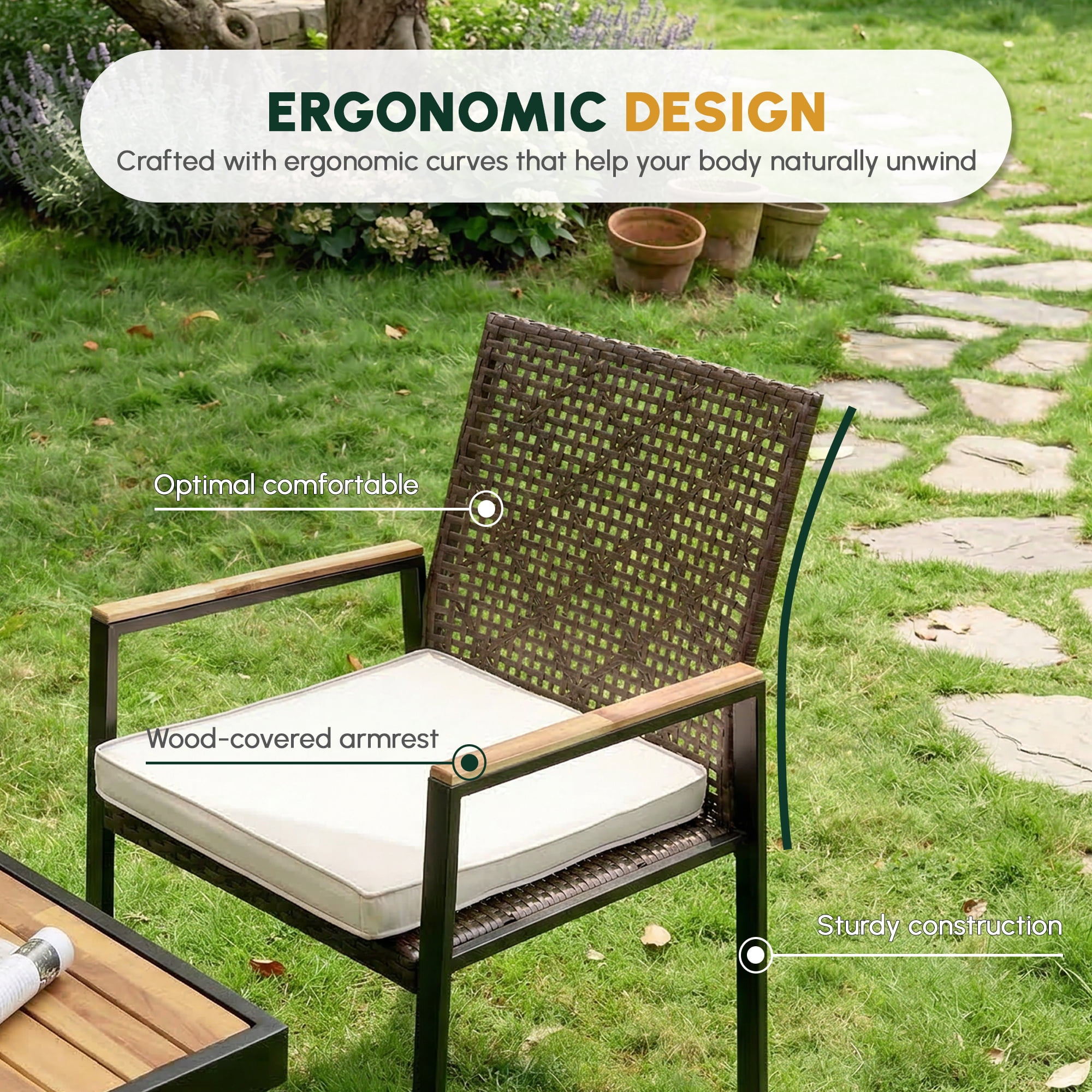 Leumius 5 Piece Patio Dining Set,All Weather Outdoor Dining Table Set with 4 Cushion Chairs,Patio Conversation Set with Acacia Wood Table Top and Umbrella Hole,Dark Brown