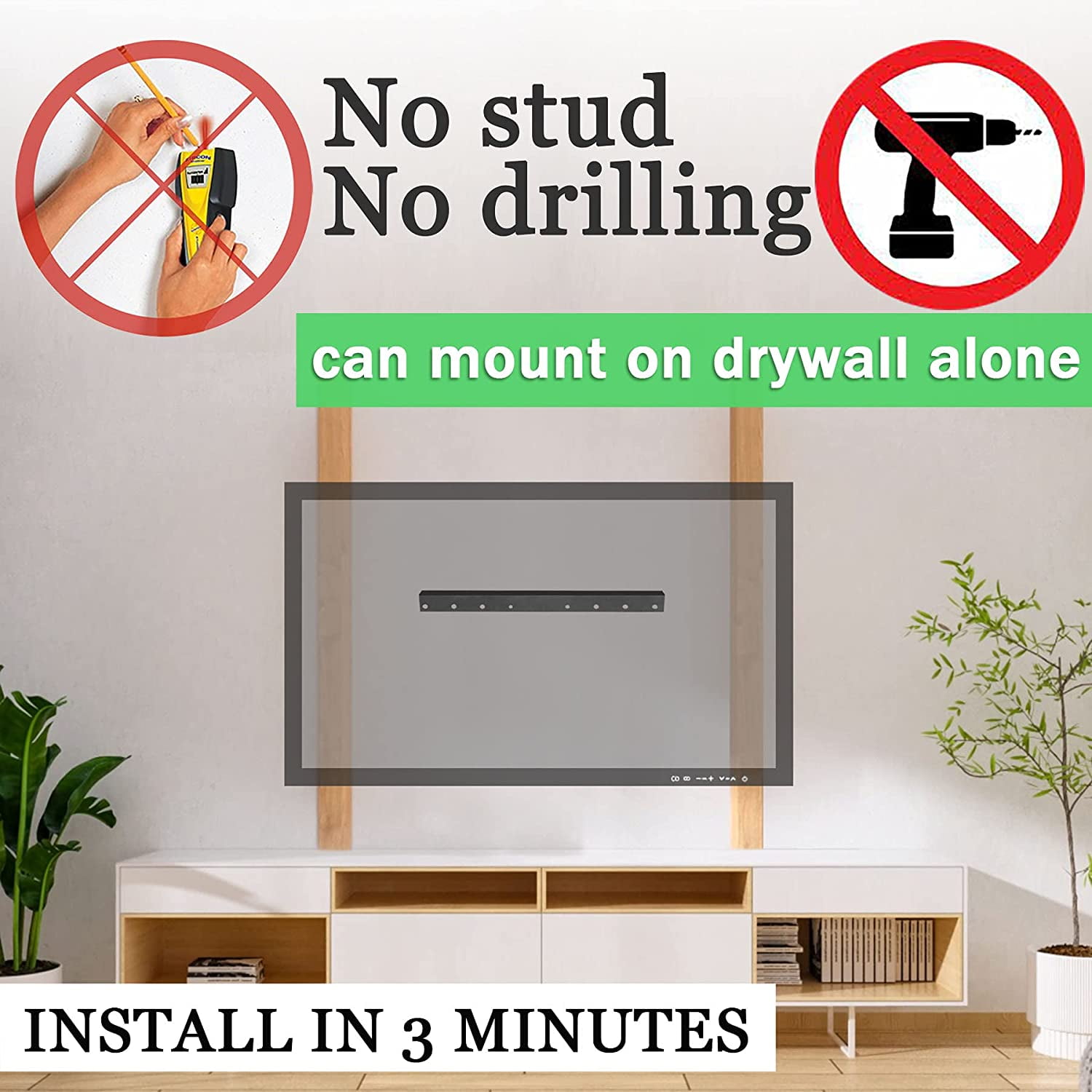 No Stud TV Wall Mount, Drywall Studless TV Hanr No Dama, No Drill, Non Screws, Dry Wall Flat Screen TVs Easy Install Bar Bracket fits VESA 12-55 inch TVs up to 99 lbs, Include Hardware Levels
