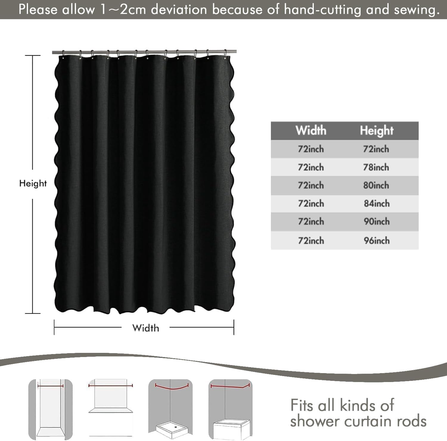 96" Long Scalloped Shower Curtain Linen Textured with 12 Metal Hooks Cute Extra Long Heavy Duty Washable Waterproof Cloth Shower Curtains with Black Border for Bathroom Hotel Bathtub,Black