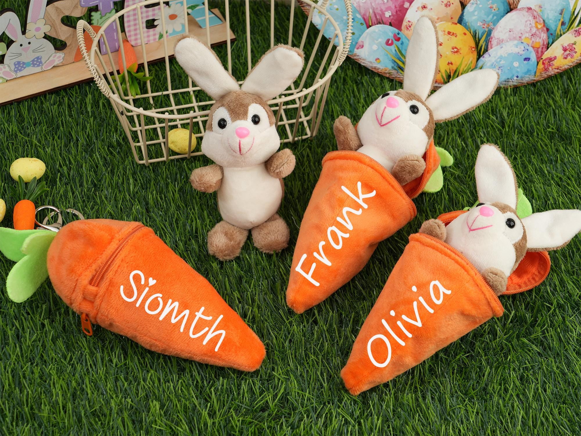 Personalized Easter Carrot with Plush Bunny: Custom Name Spring Holiday Gift