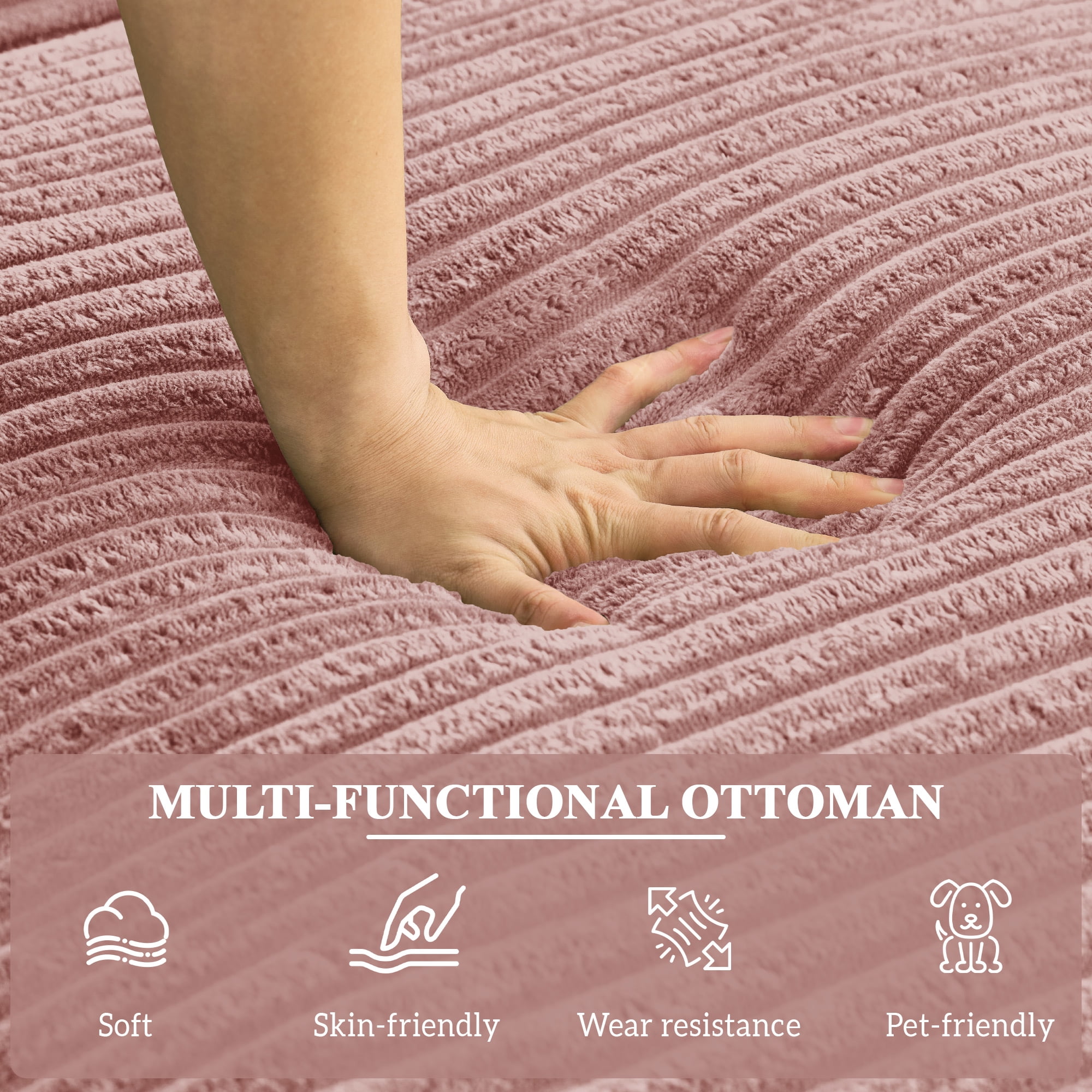 Aukfa 63.5" Oversized Chaise Lounge Sofa with Movable 2-Layer Ottoman, Deep Seat Boneless Couch, Corduroy Lounge Chair, Pink