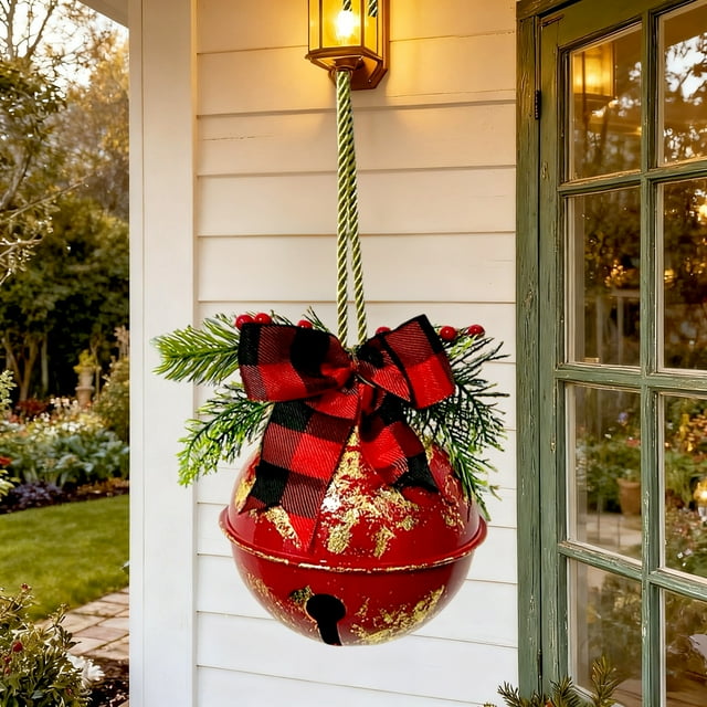 1pc Christmas Bell with Bow and Grass Door Hanger, Holiday Bell Decoration (Red Golden)
