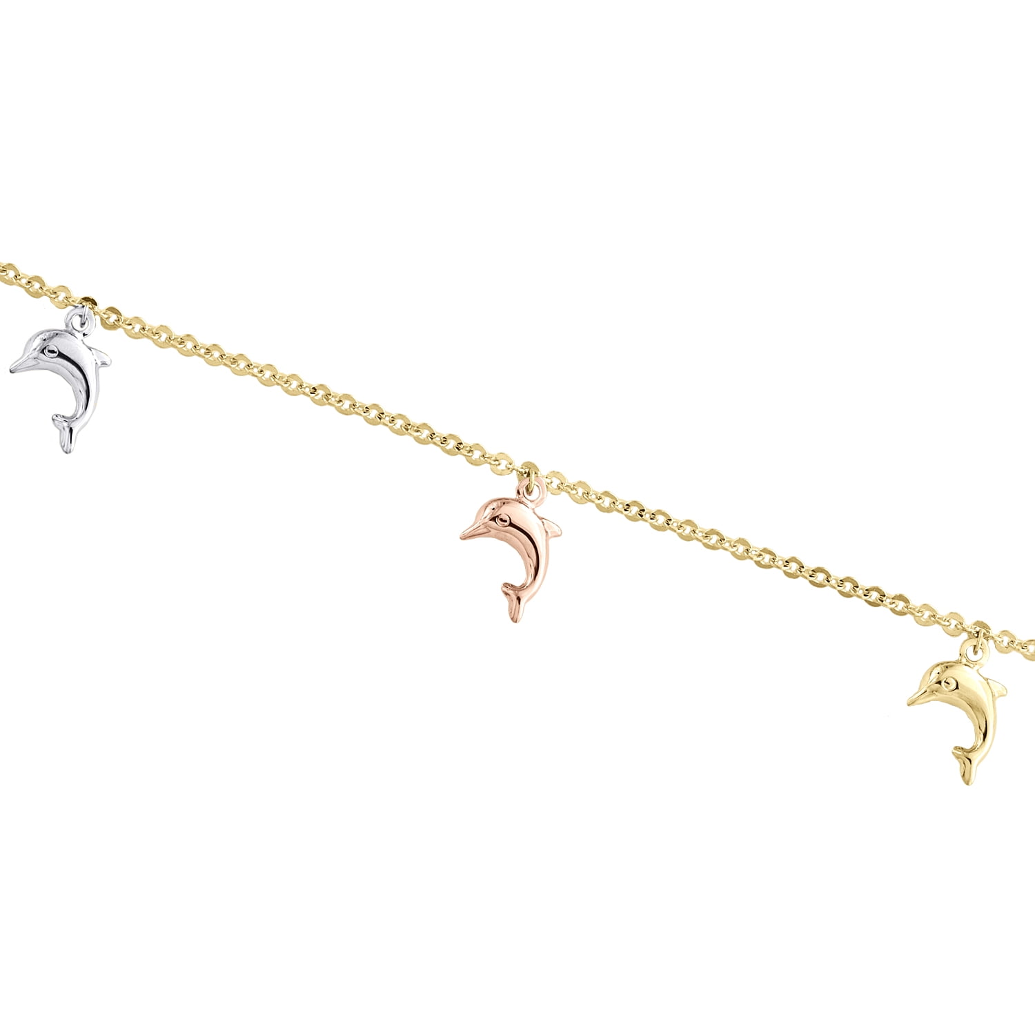 14K Tri-Color Gold Fancy Rolo Link Chain 13mm Dolphins Charm Anklet 9" + 1" Ext.
