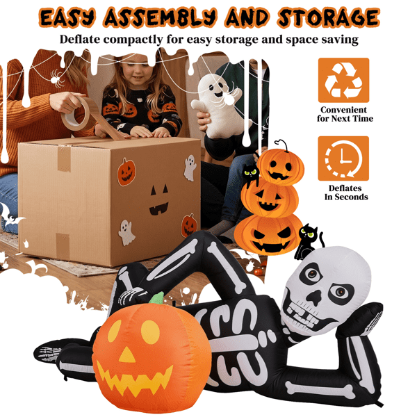 Alvantor 7 ft Long Reclining Skeleton Halloween Inflatable with Pumpkin, 7 LED Lights and Built-In Blower, Black White and Orange