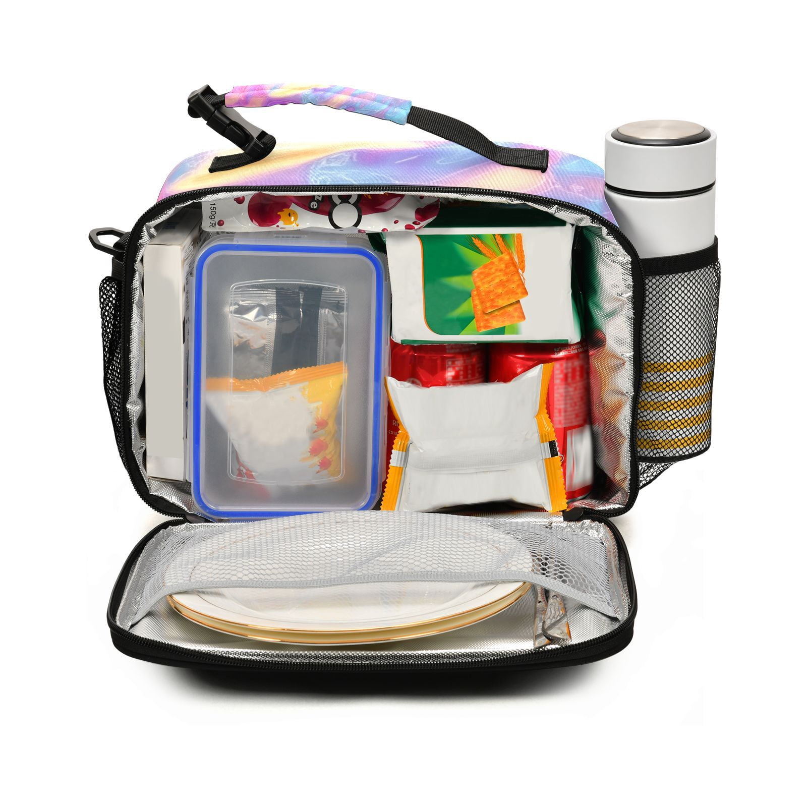 Colorful Hologram Waves Lunch Bag Cooler Bag Cooling Tote Portable Shoulder Strap Interior Pockets for Picnic Travel