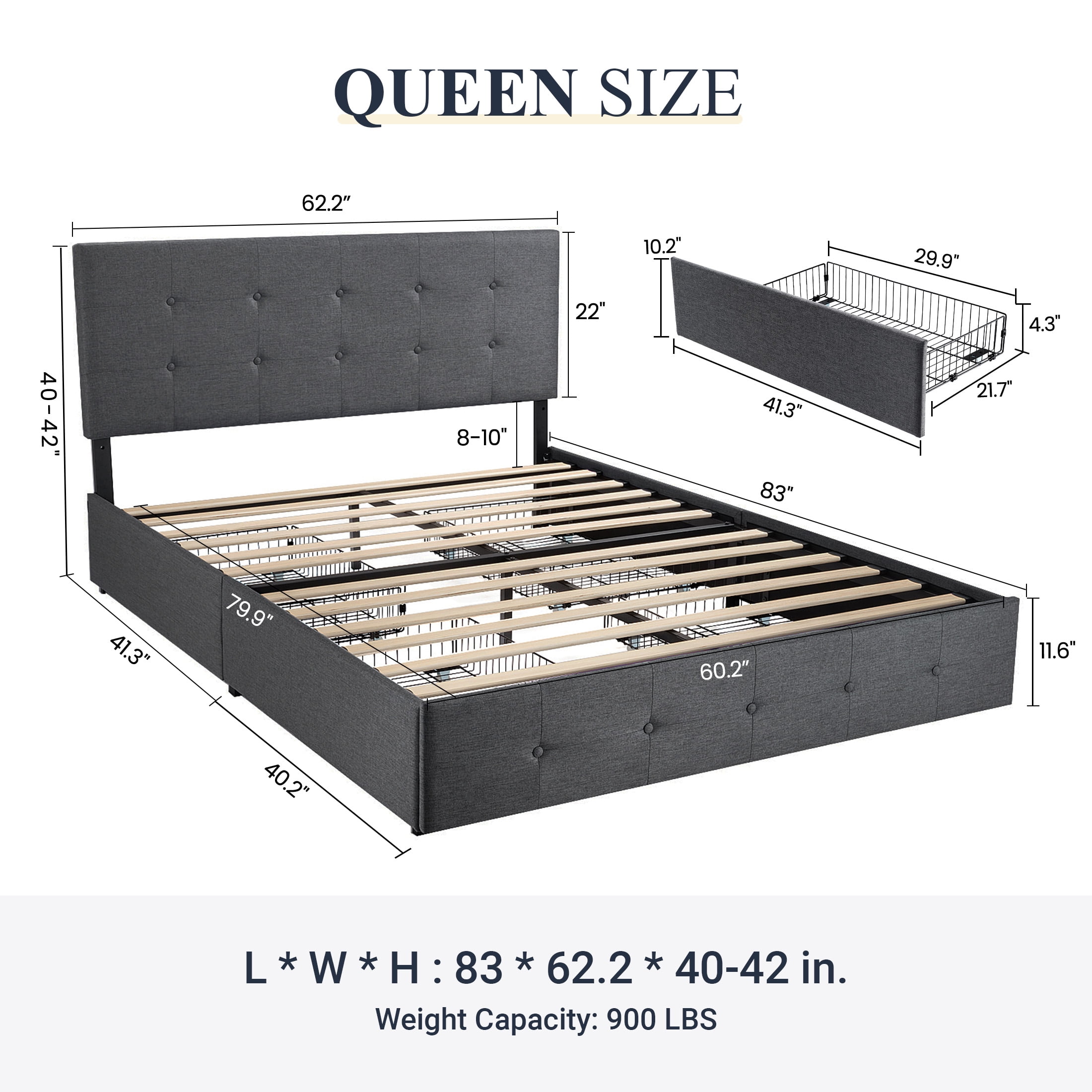 Sifurni Queen Size Upholstered Platform Bed Frame with 4 Drawers Storage and Square Stitched Button Tufted Headboard, Dark Grey