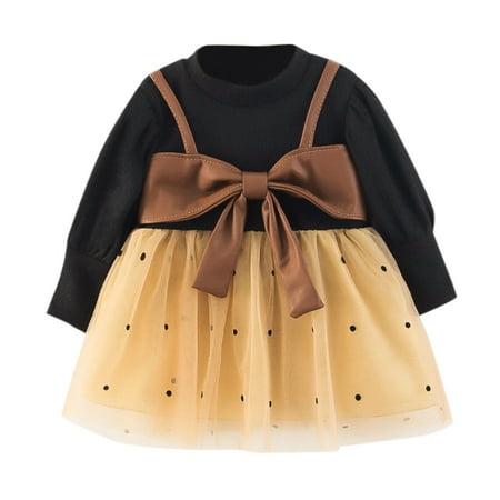 

Little Girl Dress Kids Toddler Baby Girls Long Sleeve Patchwork Bowknot Polk Dot Tulle Princess Outfits
