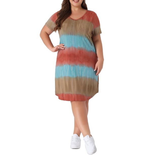 GRACE & GRANDEUR Vestido de Talla Grande para Mujer, Tie Dye Rayas, Escote en V, Manga Corta, Casual de Verano, Midi, T-shirt, 1X Rojo Marrón