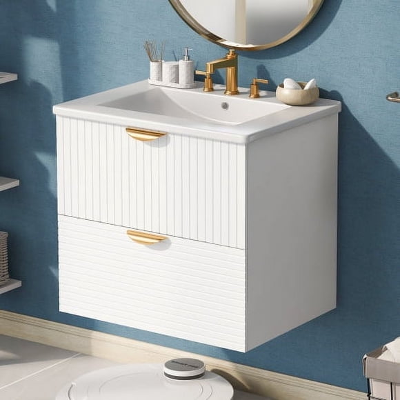 taoruifang 24 Inch Wall-Mounted Bathroom Vanity, Modern White MDF Vanity Cabinet with 2 Drawers & Ceramic Sink