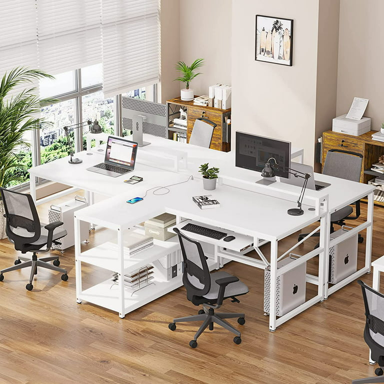 94 Two Person Double Computer Desk Modern Off White & Silver Office Desk with 4 Drawers & 1 Door
