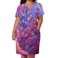 thumbnail image 3 of Pink Flowers Butterflies Dreamy Scene Women's Loose Short Sleeve Dress Casual Summer Plus Size Long Dresses with Pockets, 3 of 6