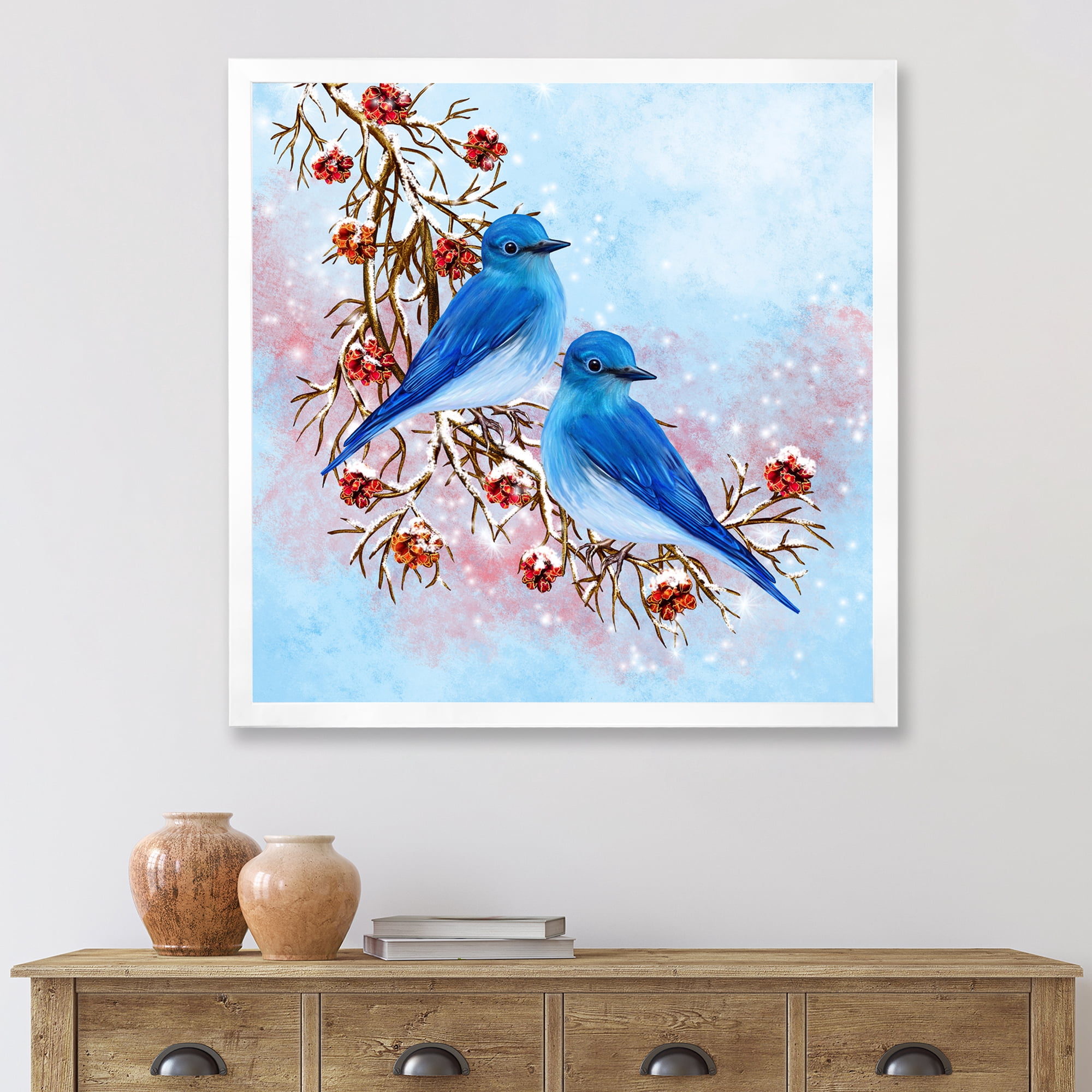 Designart 'Two Blue Birds Sitting On A Branch With Berries In Winter' Traditional Framed Art Print
