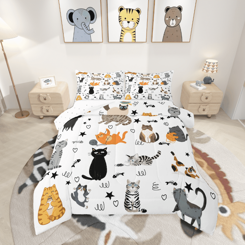 Castle Fairy Children Cute Cats 3 Pieces Queen Comforter Set Kawaii Pets Ultra Soft Bedding Sets Cartoon Animal Bedding Comforter Set Ultra Soft Home Decor