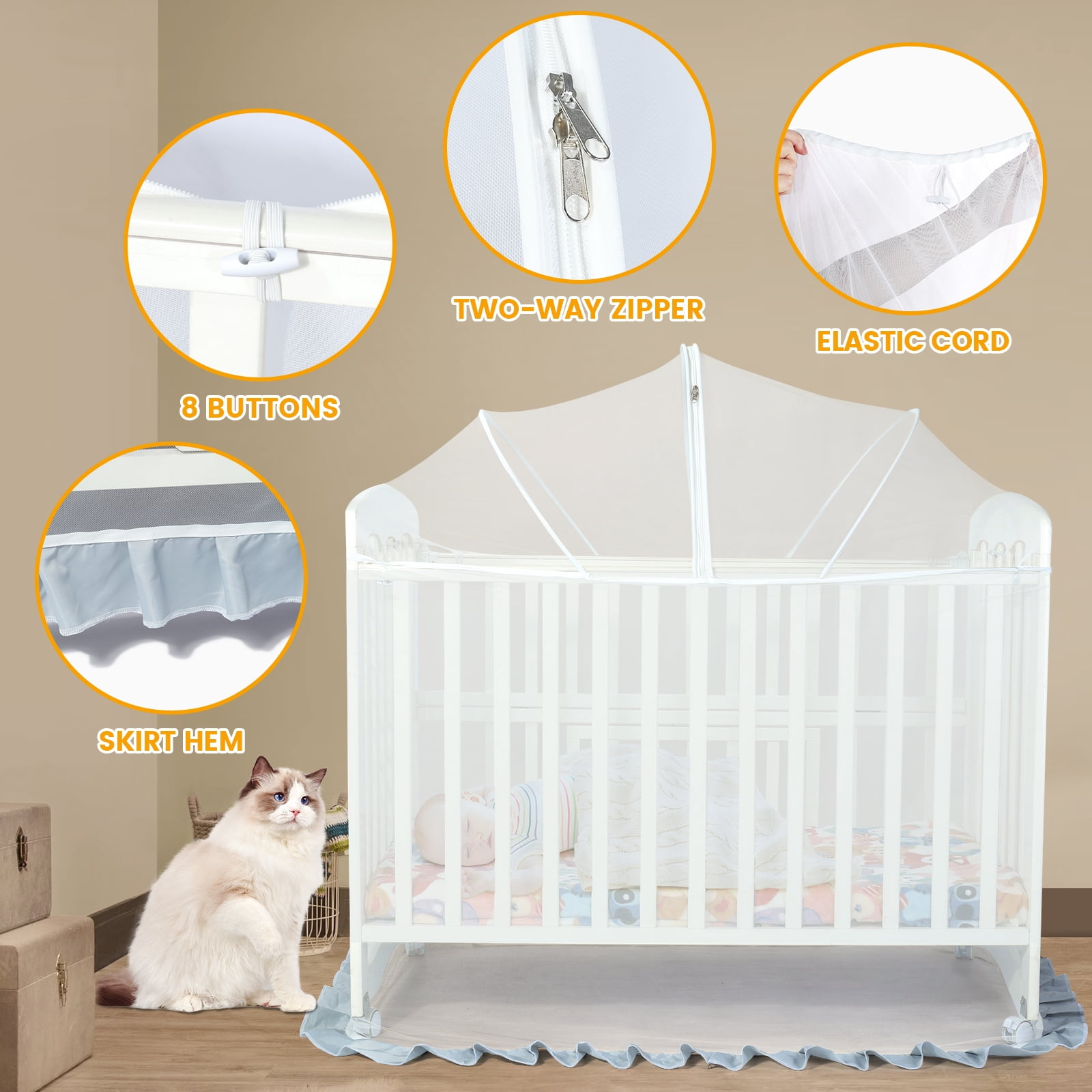 Orzbow Mosquito Net for Crib, Encrypted Baby Toddler Crib Tent Full Cover Safety Net, with Two-Way Zippers, Durable, Strong, Keep Baby Infant from Climbing Out, Falls and Mosquito Bites, White