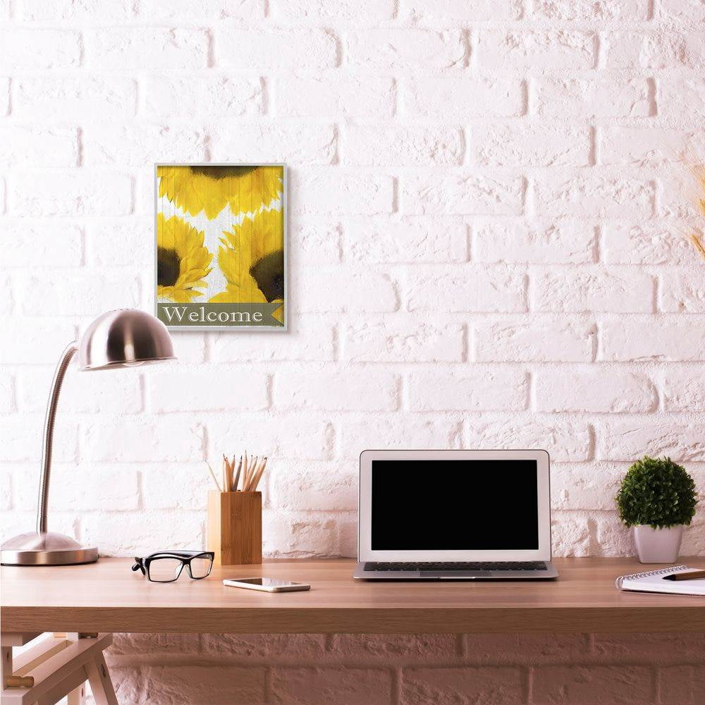 Stupell Industries Sunflower Welcome Yellow Flowers Painting Gray Farmhouse Rustic Framed Giclee Texturized Art by Kimberly Allen