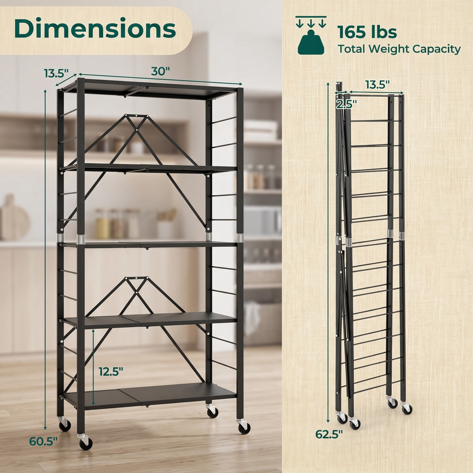 Furnibear 5-Tier Foldable Storage Shelf with Wheels, Adjustable Extendable Metal Utility Rack for Kitchen Living Room Study Tool Room, Rolling Storage Organizer, Black