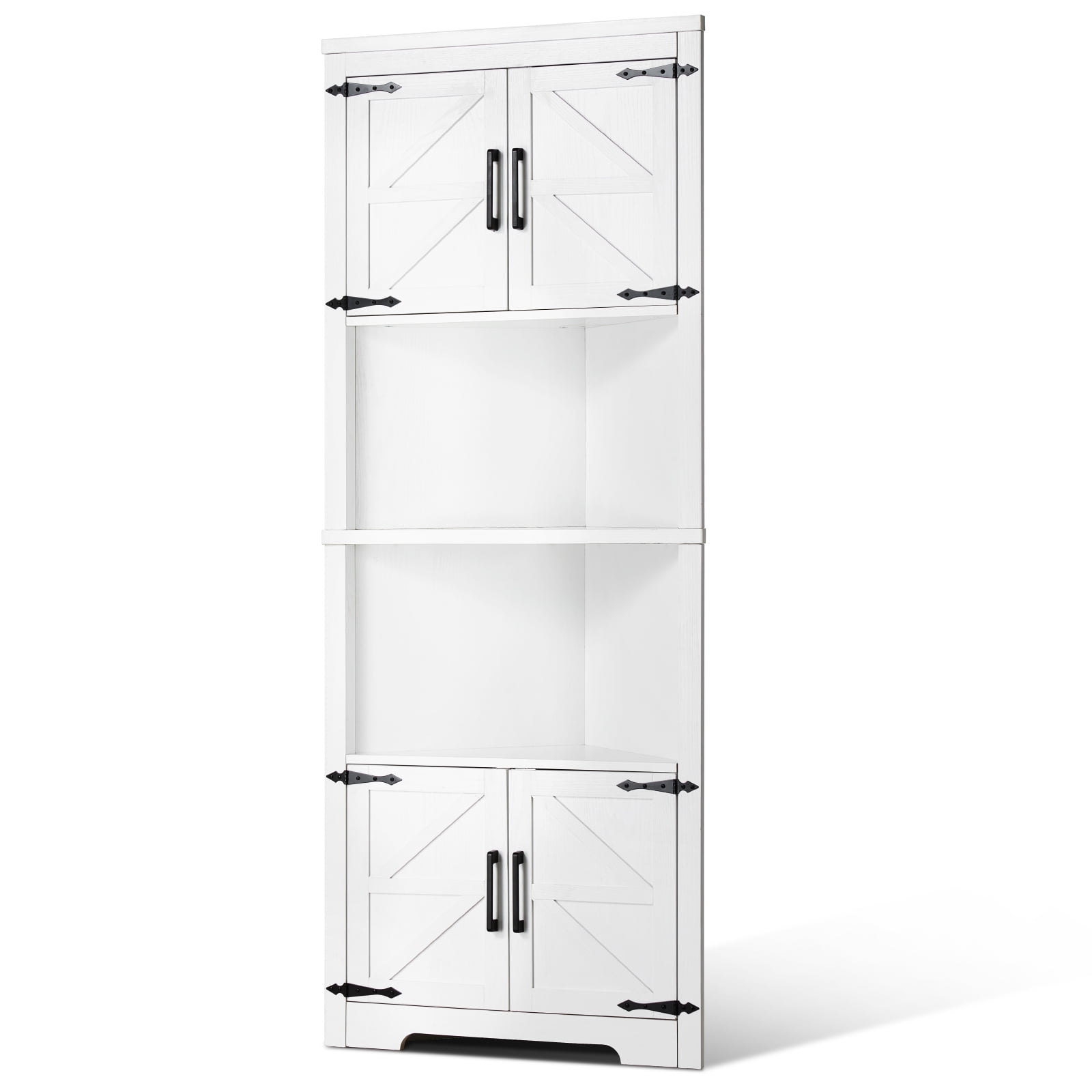 KFFKFF 68" High Corner Storage Unit, 6-Level Rustic Storage Cabinet with 4 Timber Doors & Flexible Shelves, Standalone Corner Cabinet for Lounge, Kitchen, Utility Room, in White