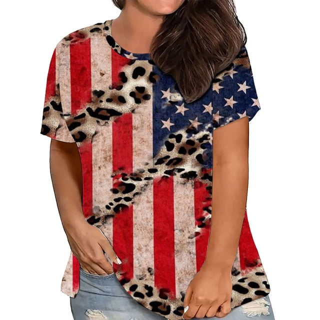 Fartey T-Shirts du 4 Juillet pour Femmes Grande Taille Patriotiques Rouge Blanc et Bleu T-Shirts Graphiques Coupe Ample Manches Courtes T-Shirts Classiques Col Rond Blouses Hauts Blouses Grande Taille pour Femmes