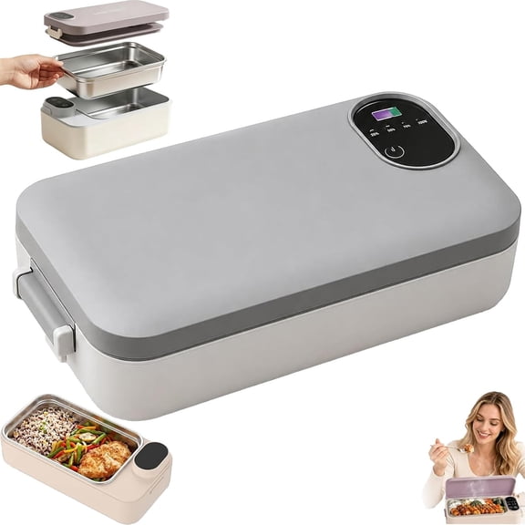Portable Electric Lunch Box With Self-Heating,Rechargeable Cordless Stainless Steel Food Warmer with Smart Timer,Temperature Display and Leakproof Lid for Work Travel (Gray)